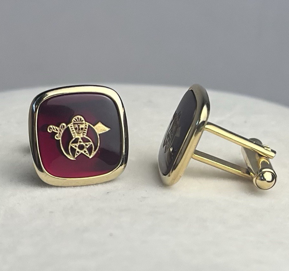 Shriners Cufflinks Red Gold Tone Square Crescent Scimitar Masonic Vintage Retro